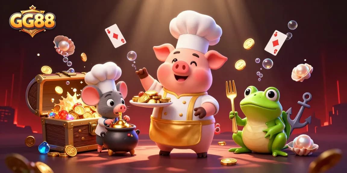 Experience the thrill of GG88 with a lively pig chef, mouse sous-chef, and frog critic amidst a vibrant casino-themed underwater scene.