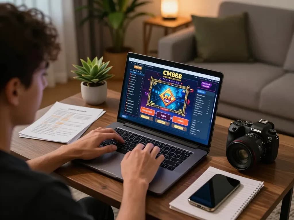 Engaging online casino experience with CM888 interface surrounded by betting notes and a smartphone.