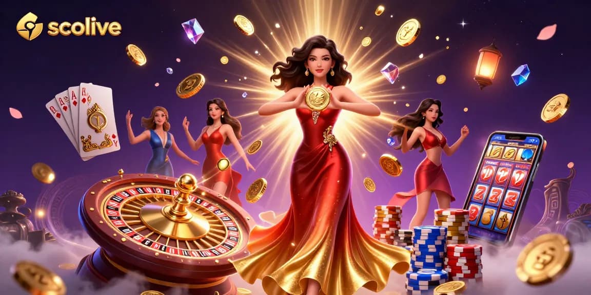 Socolive showcases an elegant Asian woman presenting a golden coin amidst a dynamic casino scene filled with dazzling games.