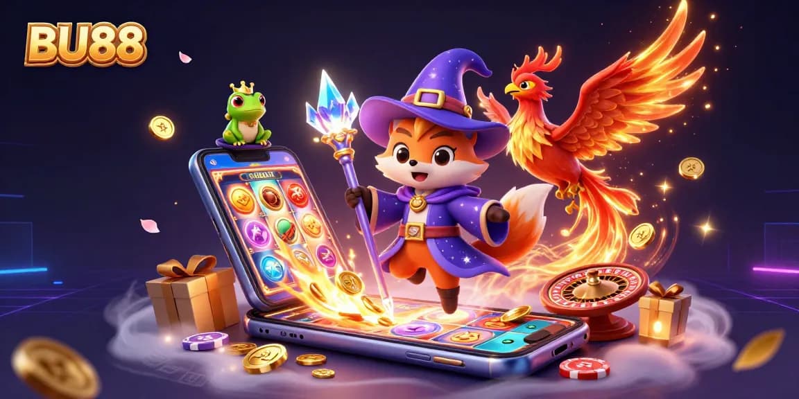 Engage in thrilling gaming with BU88's magical illustration featuring a fox wizard and phoenix.