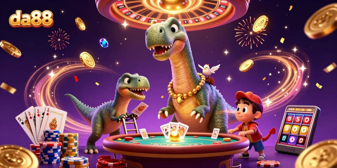 da88 casino illustration featuring a brontosaurus, clever raptor dealing cards, and dynamic game elements.