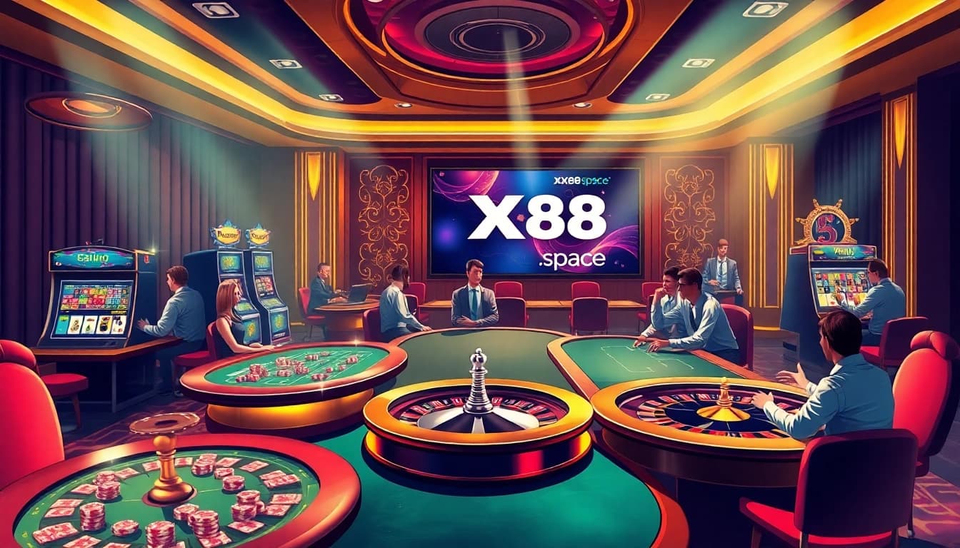 Experience thrilling casino gameplay at https://xx88.space/, showcasing vibrant poker tables and dynamic slot machines.