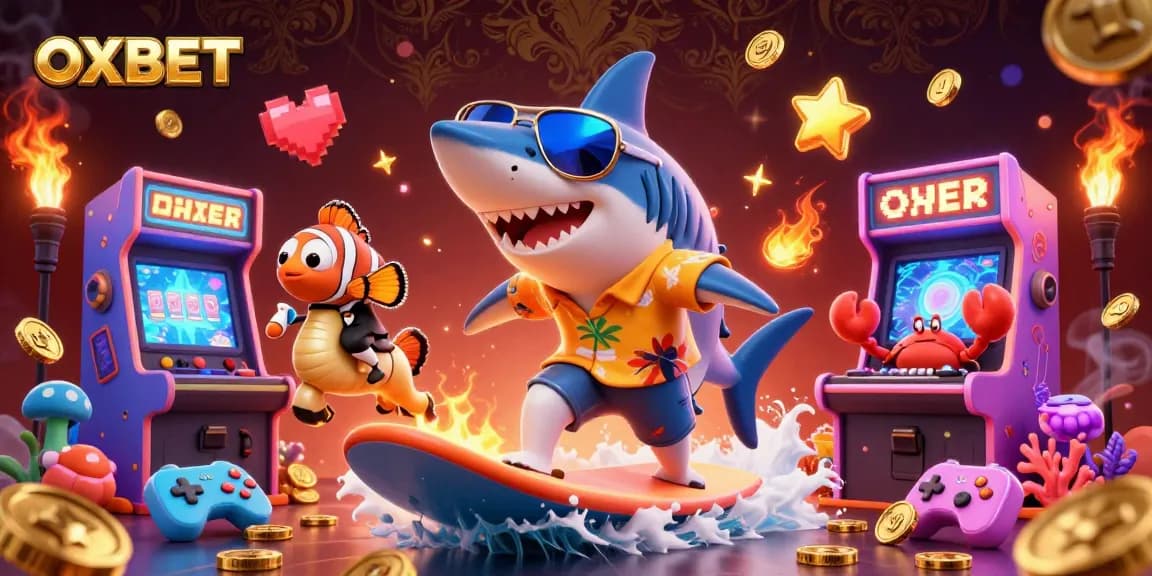 Experience the thrill with OXBET's vibrant cartoon scene of winning games and gold coins.