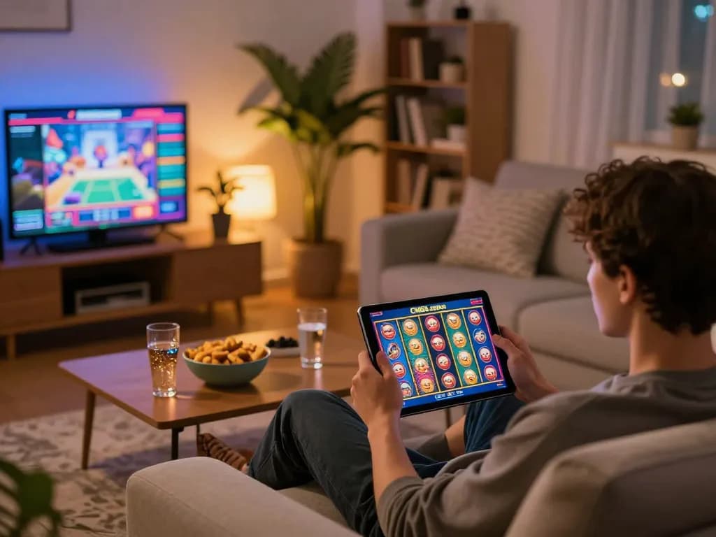 Engaging in online gaming at CM88.autos with a tablet in a cozy home setting