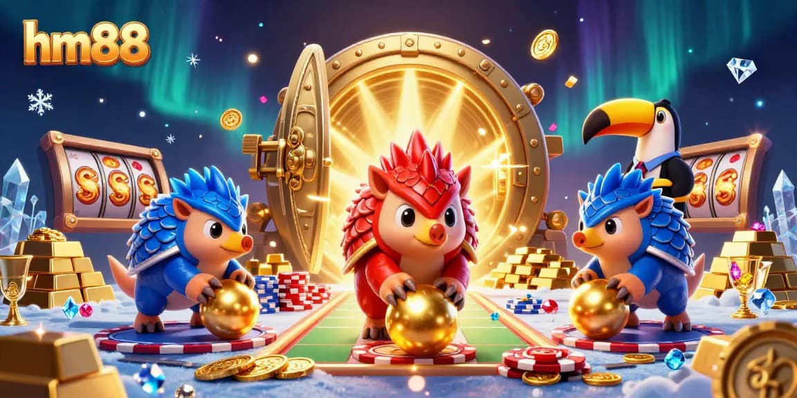 hm88 engages in thrilling gambling with playful pangolins and sparkling treasures in a dynamic casino scene.