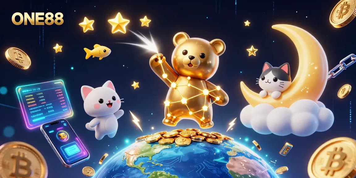 ONE88 offers a dynamic gambling experience with shining stars, crypto elements, and engaging gaming action.