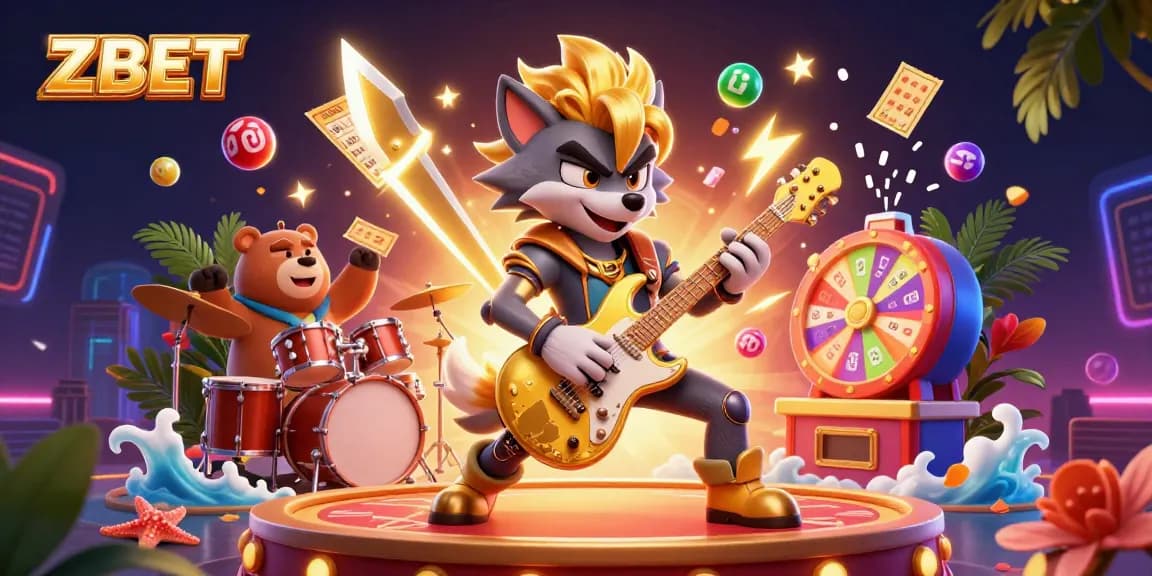 ZBET promotes exciting gaming with a rock star wolf shredding guitar amidst colorful lottery elements