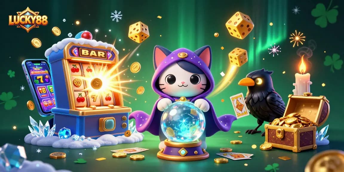 Experience LUCKY88 with a vibrant slot machine explosion, featuring mystic characters and win symbols.