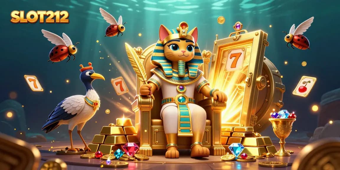 SLOT212 invigorates gameplay with a lively illustration of pharaoh cat and treasures alongside jackpot slots.