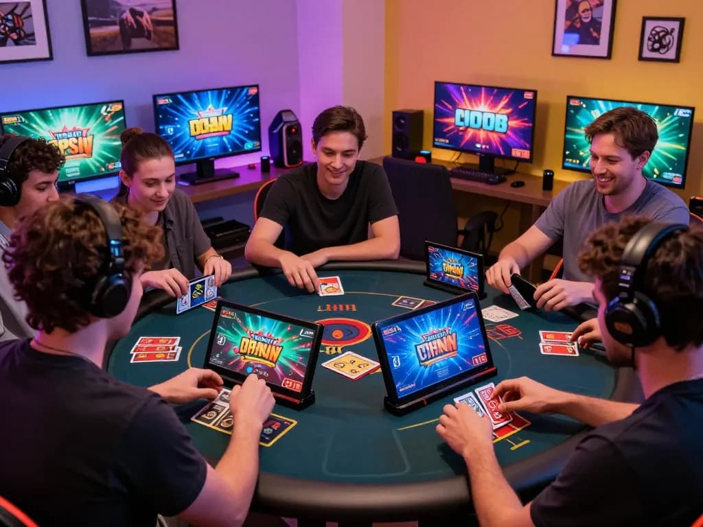 Diverse players enjoying card games on mobile and computer devices in a vibrant home gaming scene at hitclub.