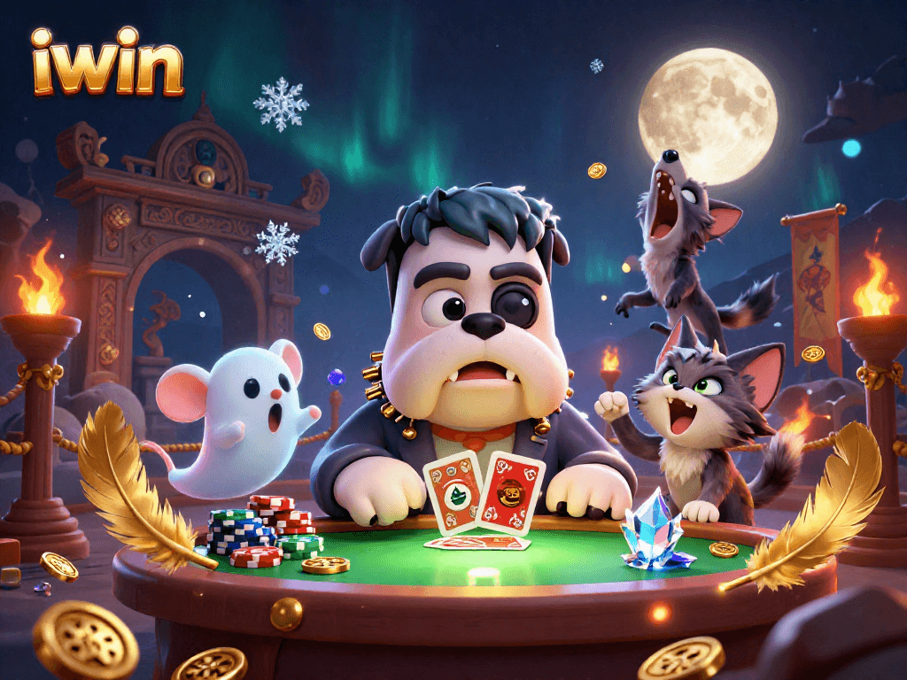 Engage in thrilling action at iwin casino with a lively scene featuring a cartoon bulldog dealer and mystical characters.