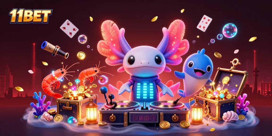 11BET offers thrilling gaming experiences with a vibrant underwater casino scene featuring an axolotl DJ.