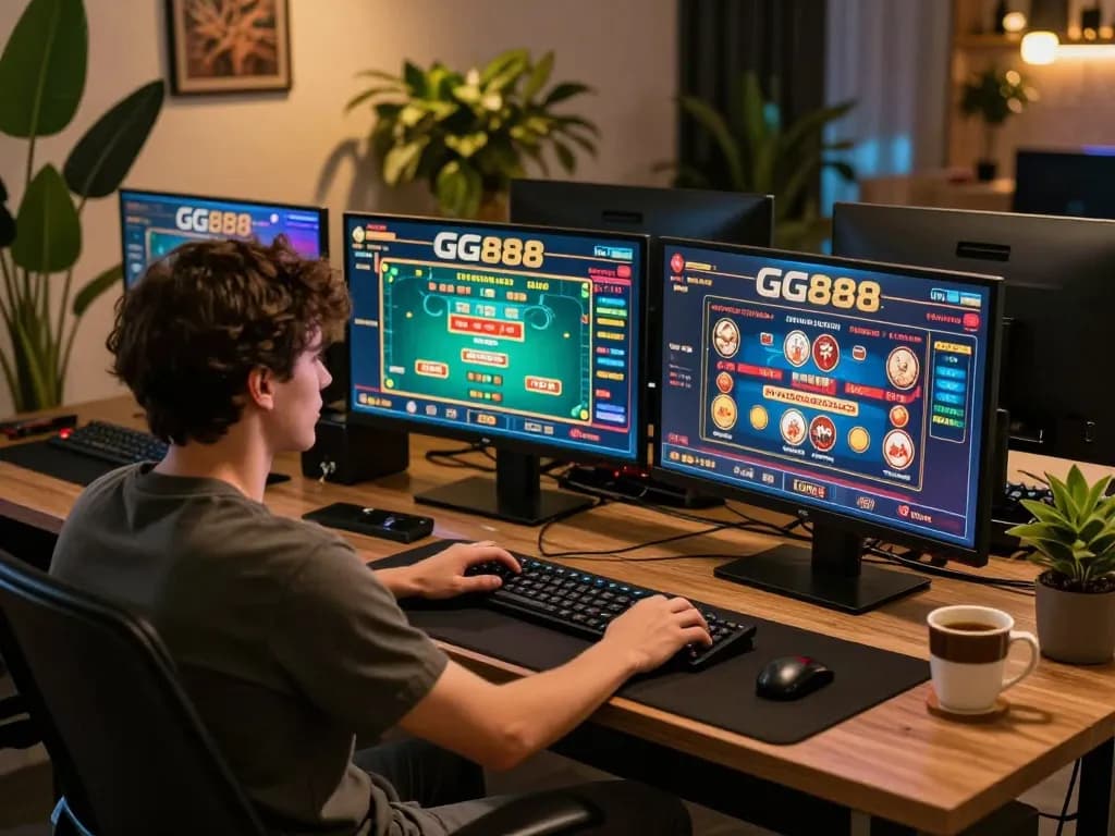 Player placing bets on GG888 while enjoying a cozy home gaming setup with multiple screens.
