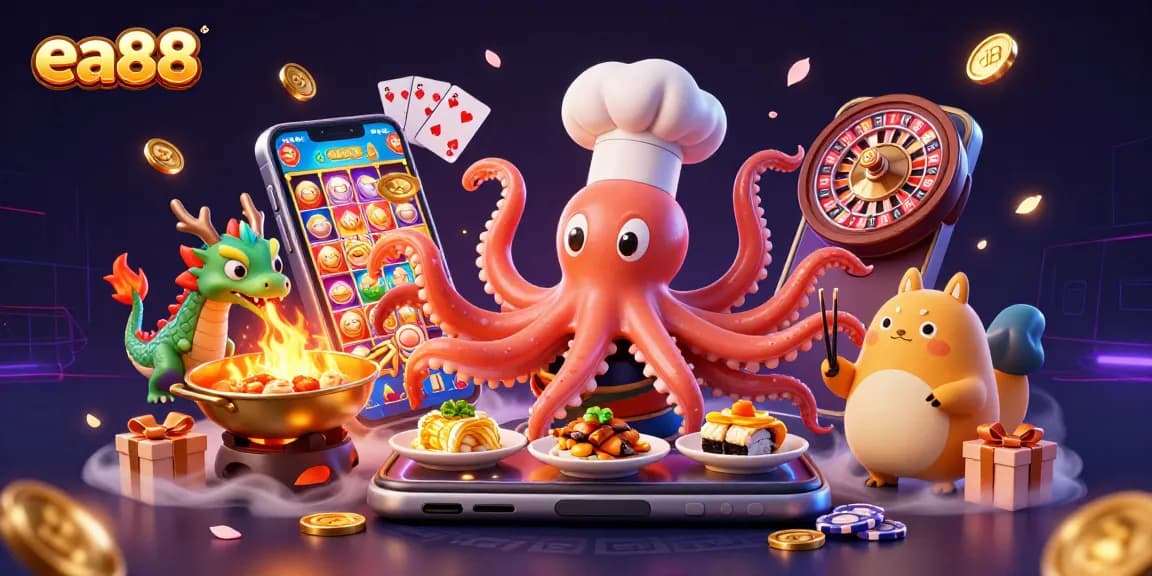 ea88 players engage in lively slot games surrounded by colorful gaming elements