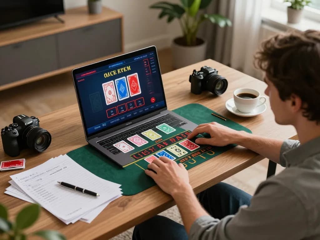 Player enjoying net88 baccarat on a laptop at home, showcasing strategic gameplay.