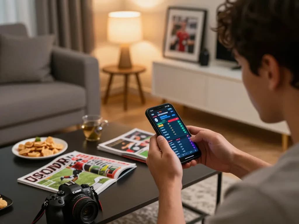 Player engaging in live sports betting using U888 app on smartphone amid cozy home setting