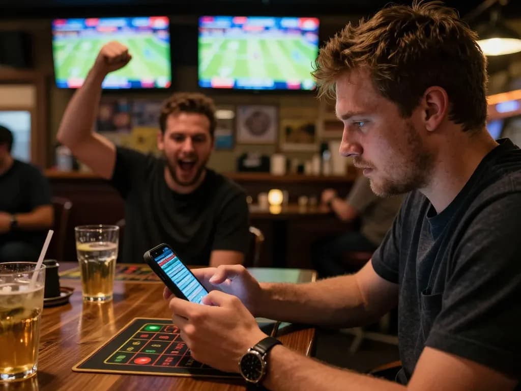 Engaging in sports betting at TIP88 with excitement and friends cheering in a lively bar.