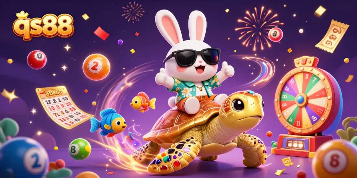 Experience the excitement of qs88 with a lucky rabbit and golden sea turtle surrounded by vibrant lottery elements.
