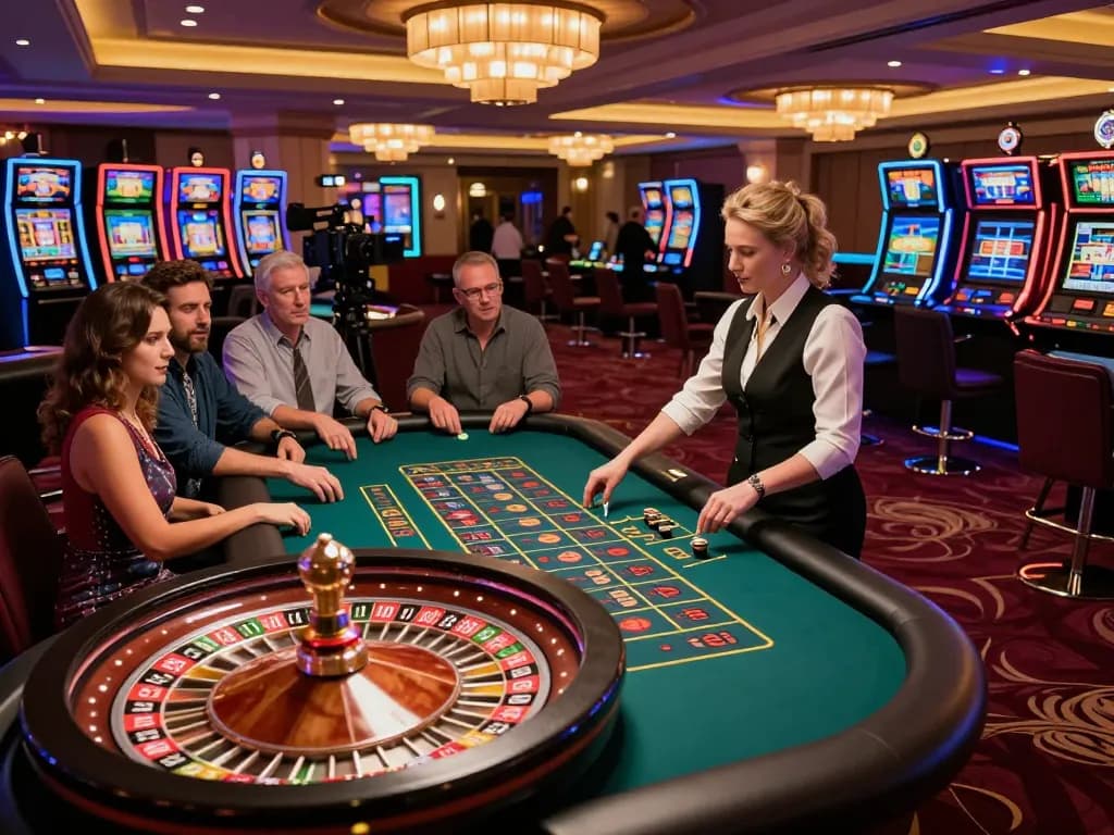 Players engaged at a luxurious roulette table in a b52 casino, with vibrant lights and anticipation.
