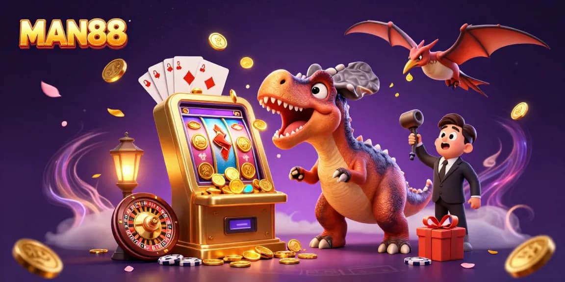 Experience the excitement at MAN88, featuring animated characters and vibrant casino elements.