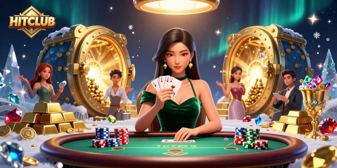 HITCLUB showcases a stylish Asian woman at a luxury poker table, surrounded by jewels and gold.