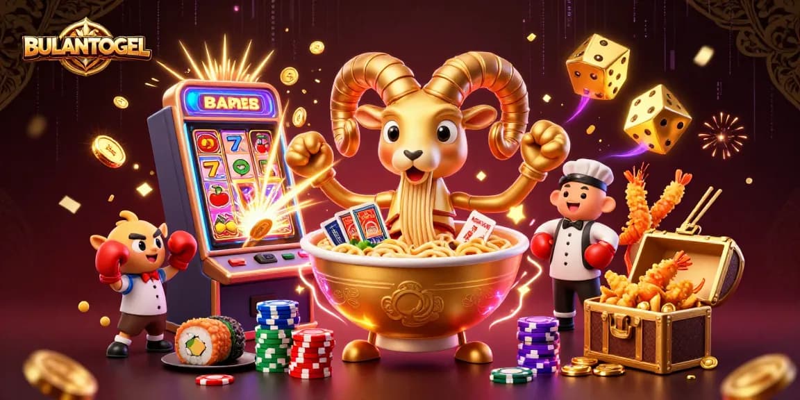 BULANTOGEL brings excitement with a vibrant 3D illustration of a golden ramen bowl dealing cards amidst a jackpot spectacle.