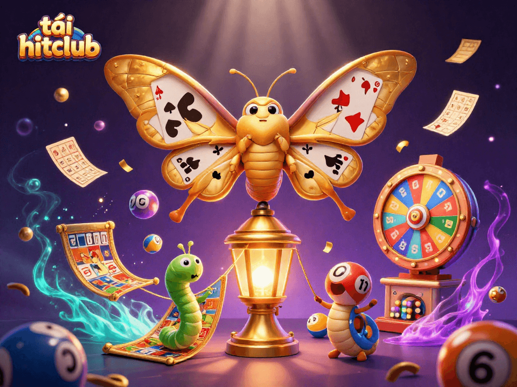 Catch the excitement of tải hitclub with vibrant lottery balls and a whimsical casino moth scene.
