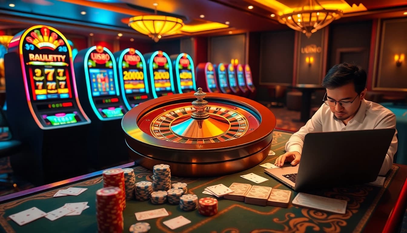 Experience UU88's vibrant online casino atmosphere with roulette and slot machines.