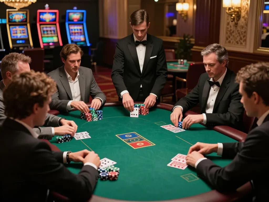 open88k players strategizing at a high-stakes poker table in a luxurious casino setting