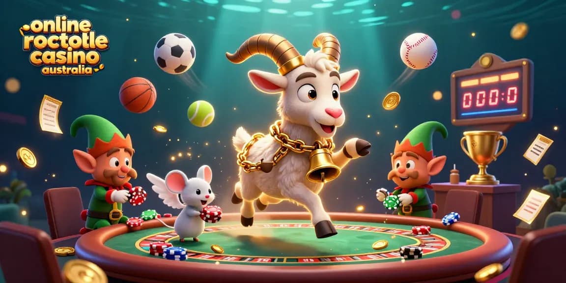 Experience the thrill of online roulette casino Australia with a festive casino illustration featuring dynamic characters and gameplay elements.