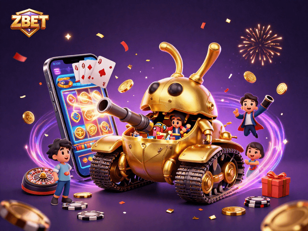 ZBET enthusiasts enjoy a compact, colorful casino in a massive golden beetle tank amidst falling confetti and festive elements.