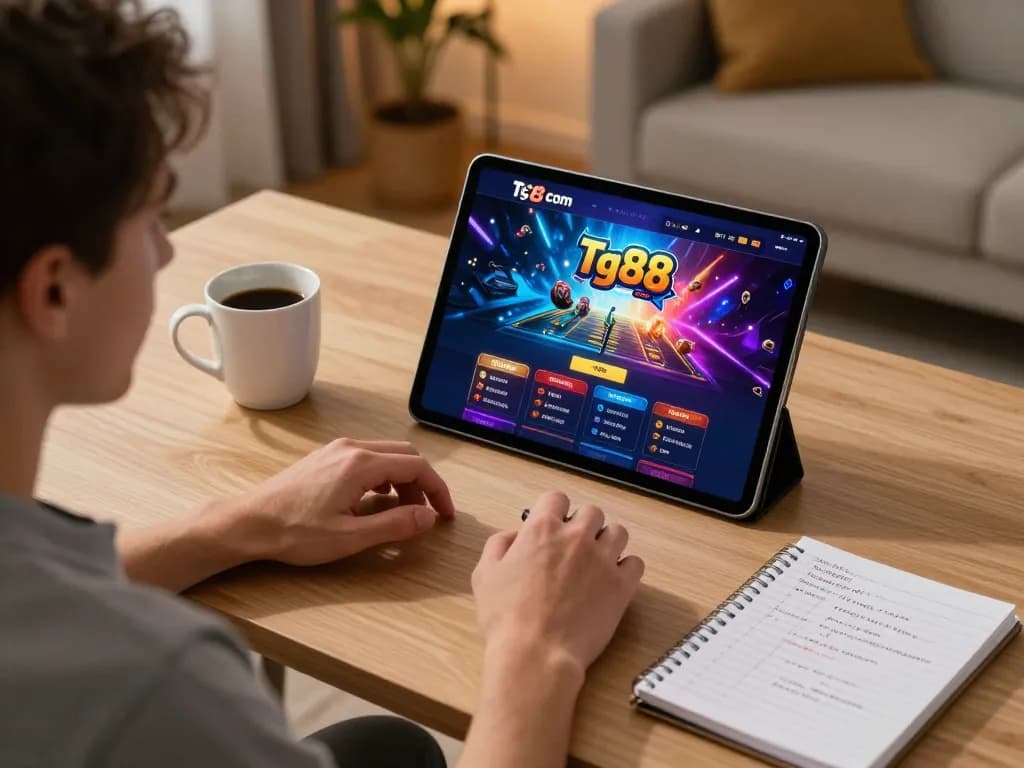 Engaged player exploring tg88 com casino app on tablet, showcasing strategic gaming atmosphere.