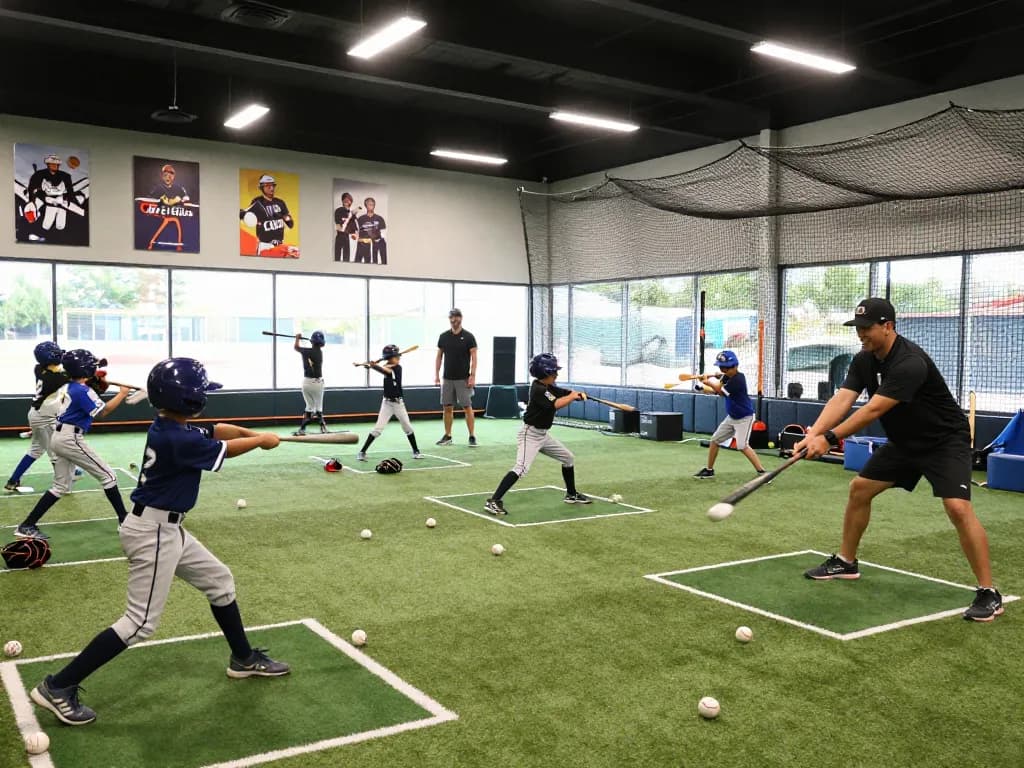 Youth athletes training at Hit Club baseball facility, focused on batting practice in vibrant indoor cages.