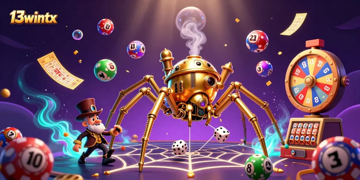 Engage with 13wintx in this vibrant 3D casino illustration filled with dynamic game elements and characters.