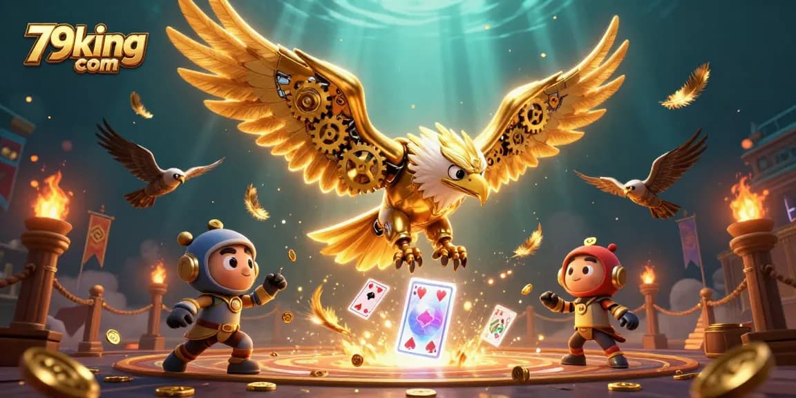 Experience thrilling gaming action at 79king com with golden eagle diving over holographic cards.