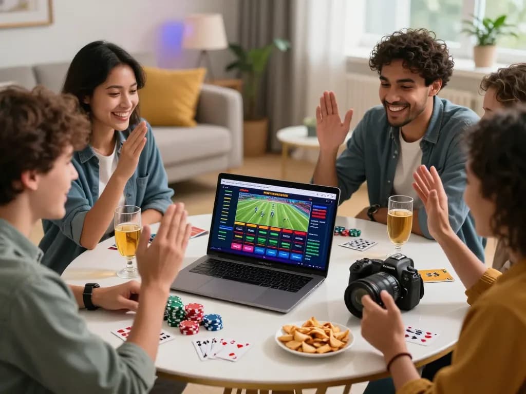 Friends enjoying a thrilling game moment at a reputable nhà cái uy tín platform, celebrating their win.