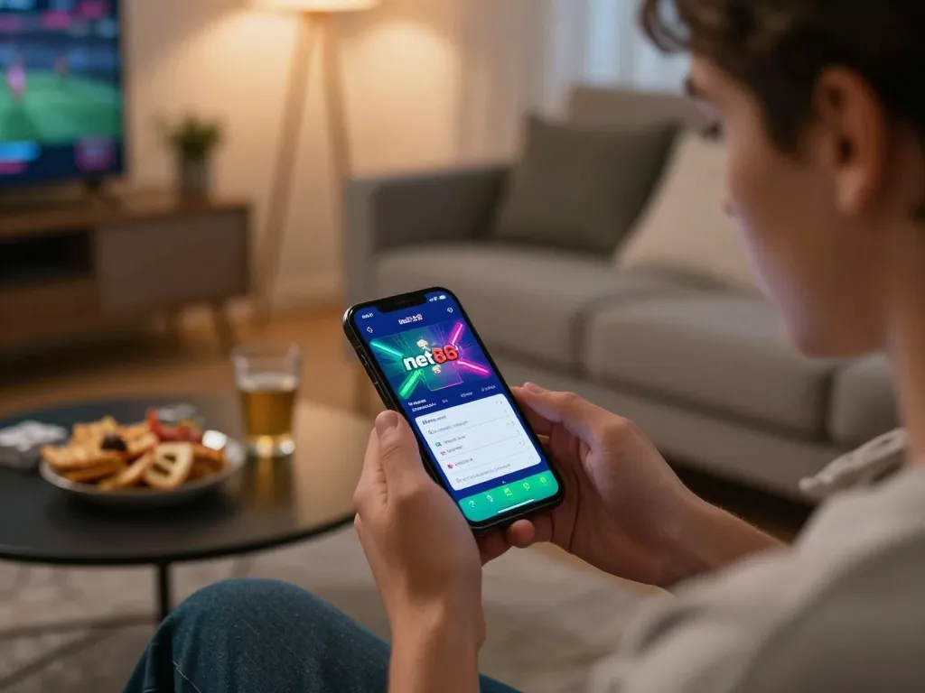 Engaging user placing bets on net88 sports app from cozy home environment.