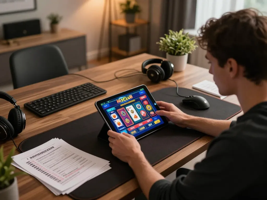 Engaging in online gaming at Hitclub, showcasing strategic gameplay and bankroll management in a cozy setup.