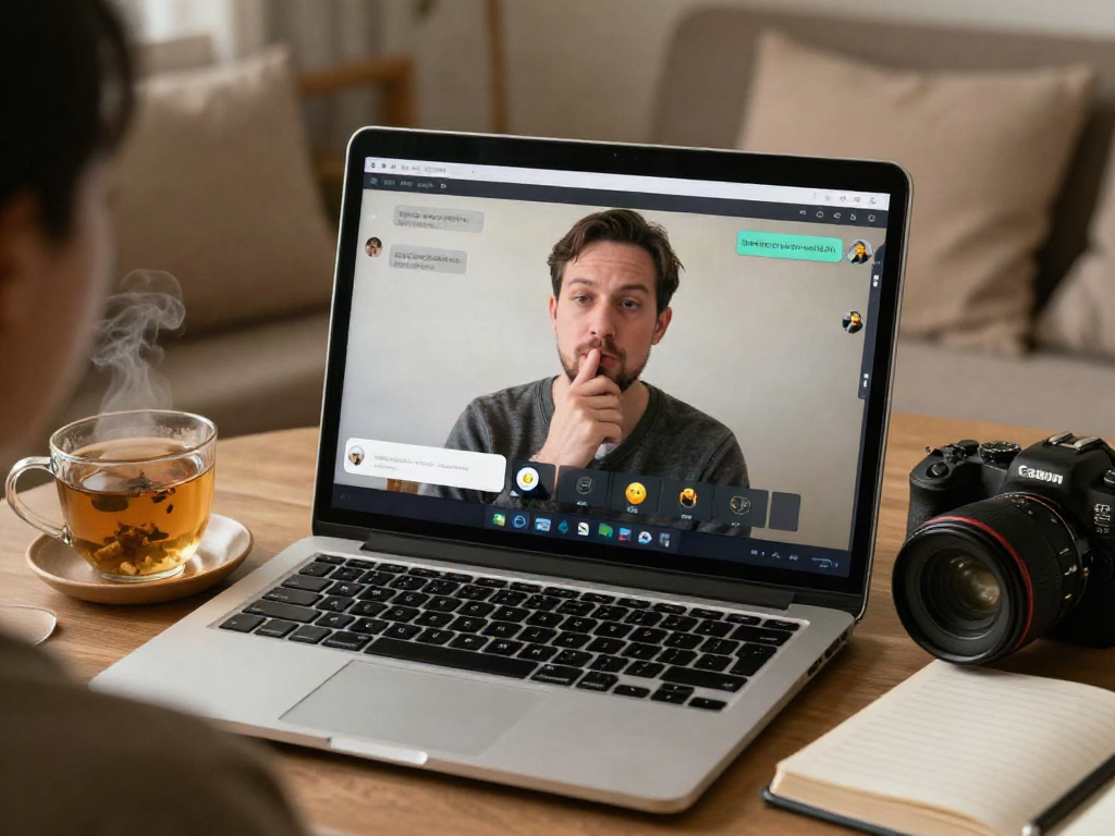 Engaging porn chat ai interaction on a cozy laptop setup, warm atmosphere.