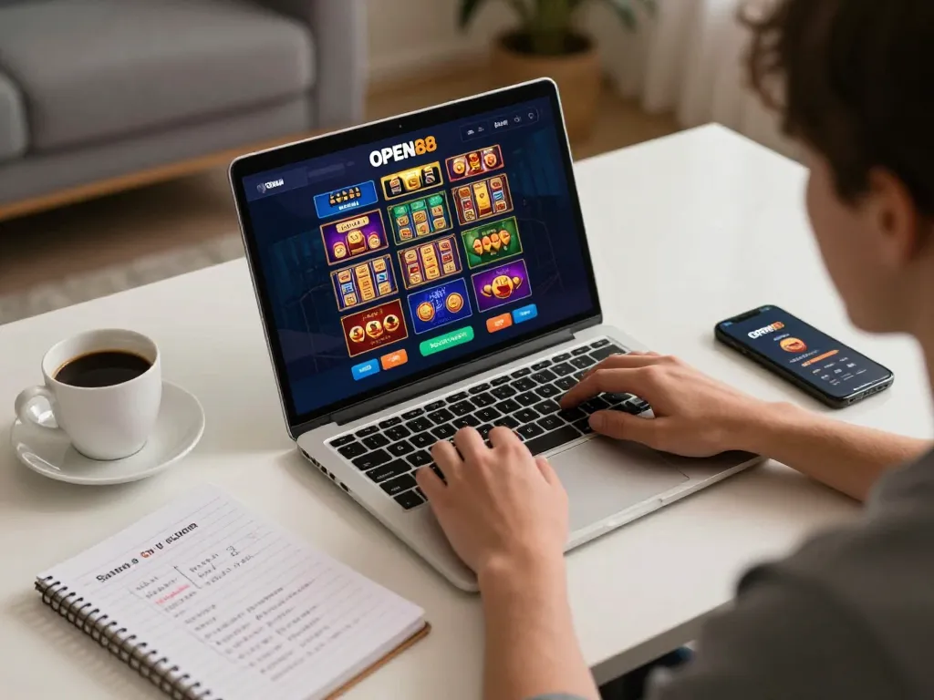 Engaging in OPEN88 online gaming strategy at a stylish home desk with laptop and coffee.