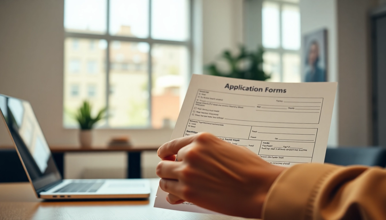 Filling out the eta uk application form in an office, showcasing an organized workspace and bright lighting.