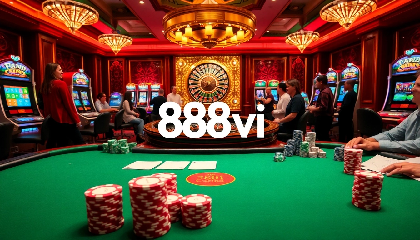 Experience thrilling gameplay at 888vi's vibrant casino with poker tables and roulette vibes.