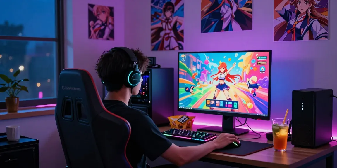 Engaged gamer playing vibrant hentai games in a cozy setup.