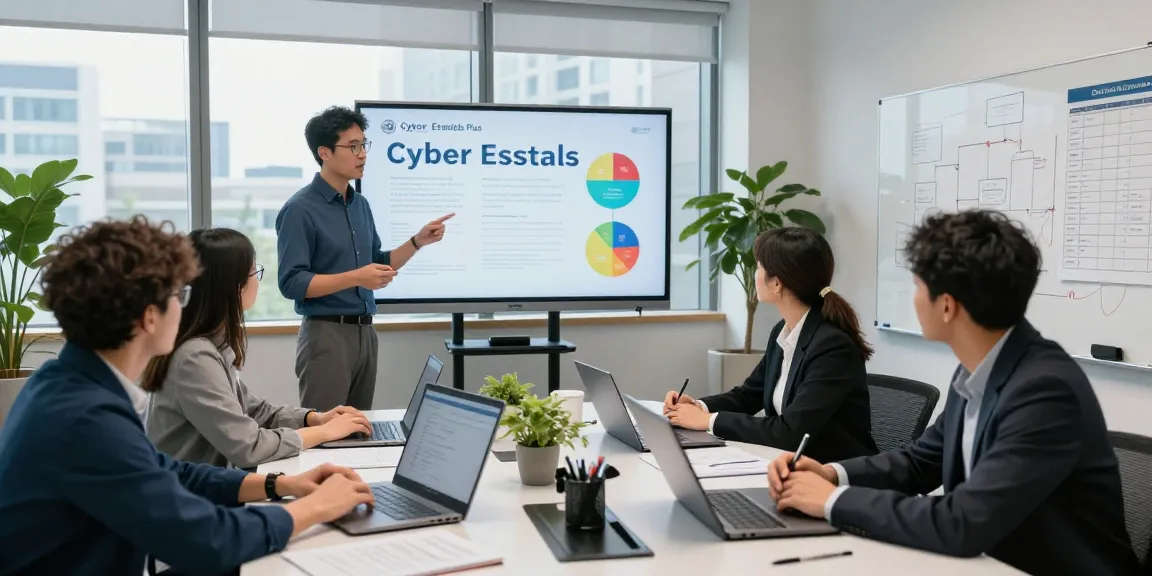 IT professionals discussing cyber essentials plus cost in a modern office setting