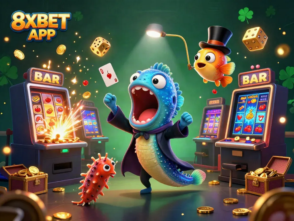 Experience the excitement of 8XBET APP with 3D casino characters and vibrant gaming elements.