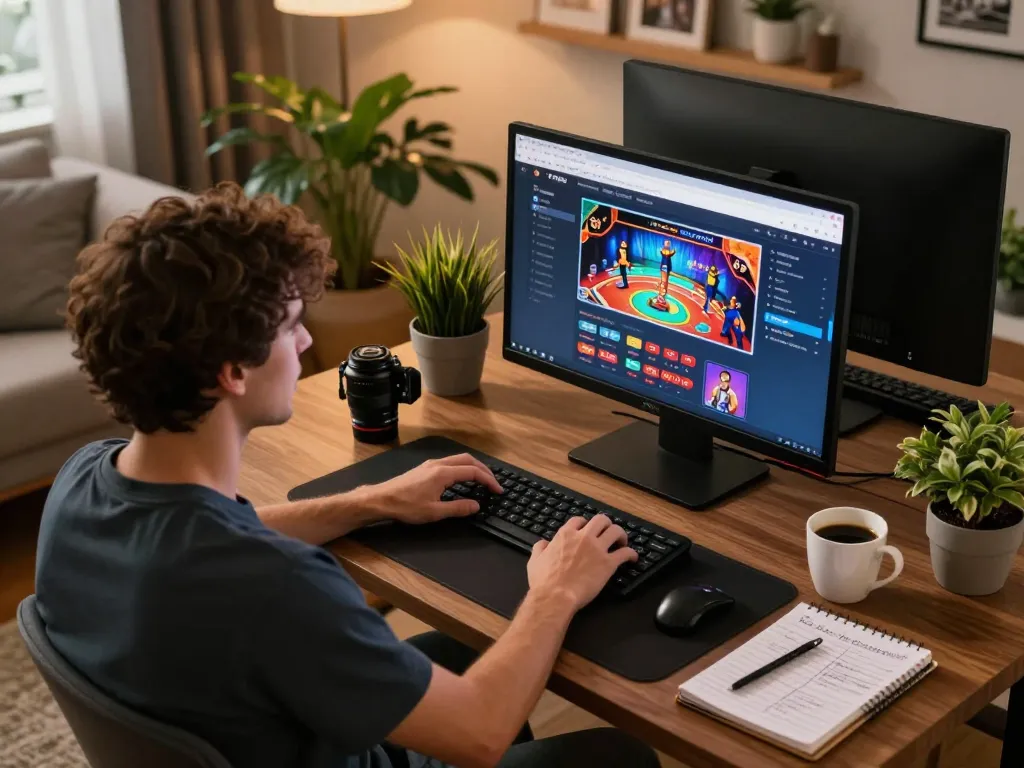 Engaging online gambling scene showcasing tubidy mp3 download on computer screen in a cozy home setup.