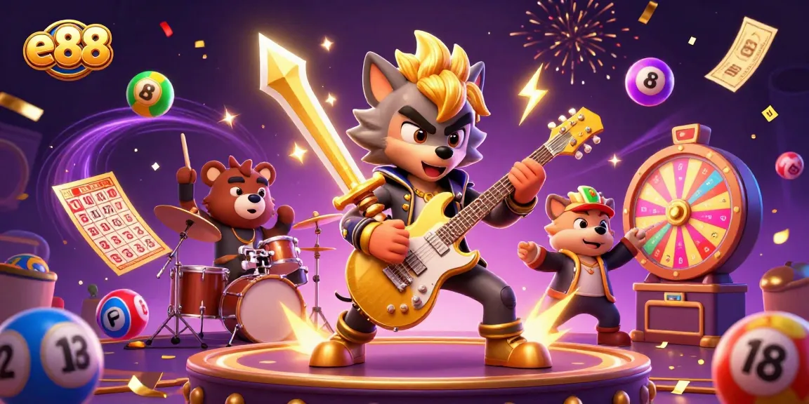 Experience thrilling gameplay at e88 with a vibrant casino scene featuring colorful lottery elements and lively characters.