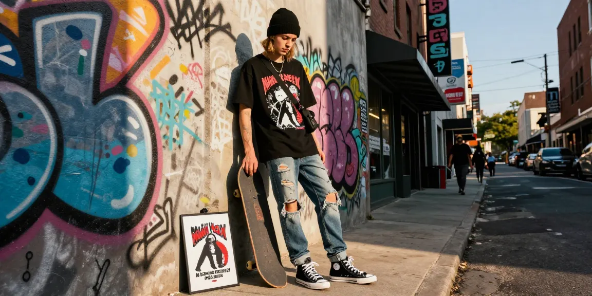 Urban streetwear fashion model showcasing rokok88 rtp merchandise in dynamic city scene.