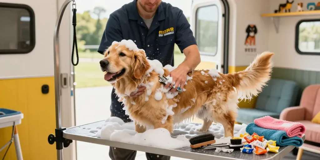 Happy golden retriever being groomed at https://www.bijousbill.com mobile salon, showcasing pet-friendly practices.