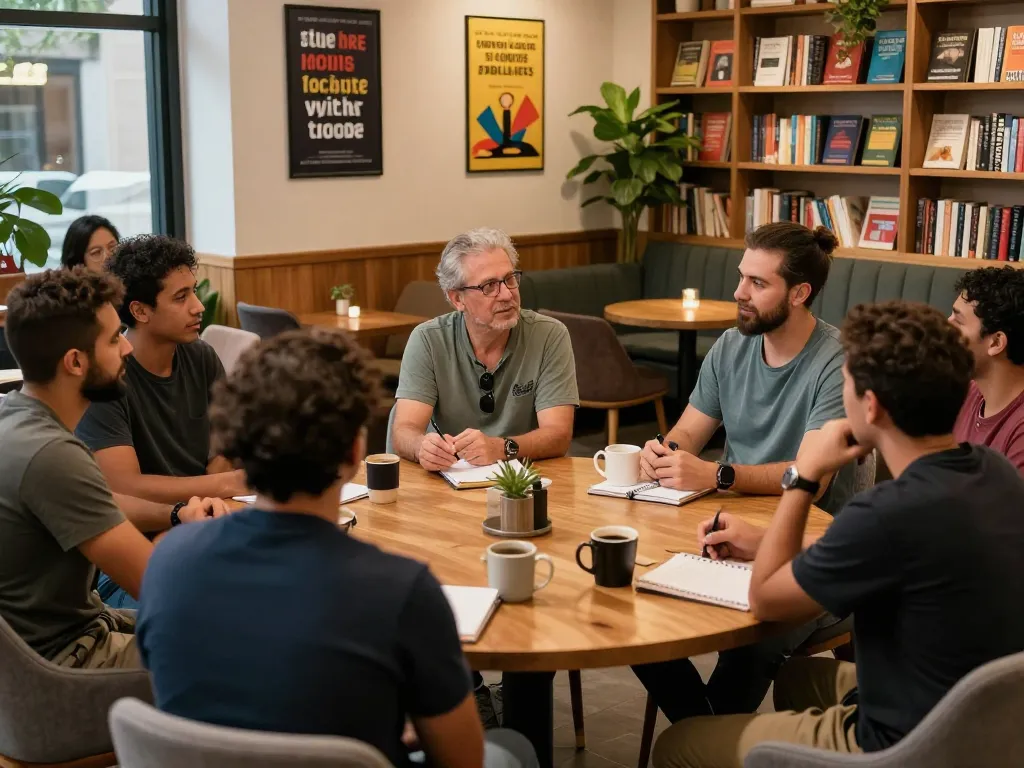 Men participating in a supportive gathering at a man club, sharing stories and coffee.